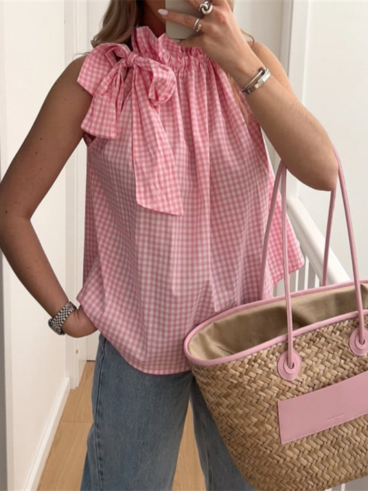 Summer Tops- Women's Blouse with Gingham Print and Bow Detail- Pink- Pekosa Women Fashion