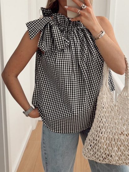 Summer Tops- Women's Blouse with Gingham Print and Bow Detail- Black- Pekosa Women Fashion