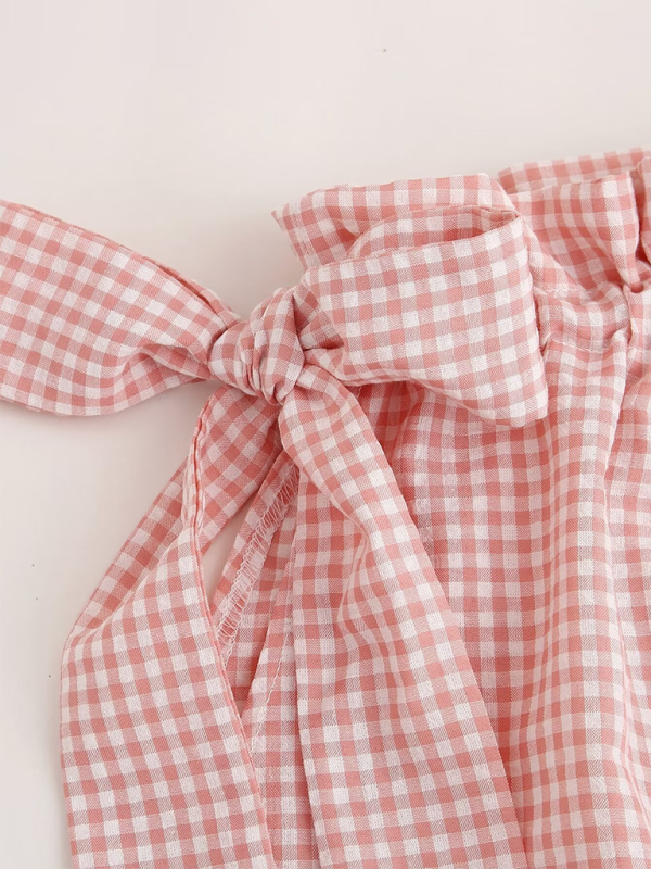 Summer Tops- Women's Blouse with Gingham Print and Bow Detail- - Pekosa Women Fashion