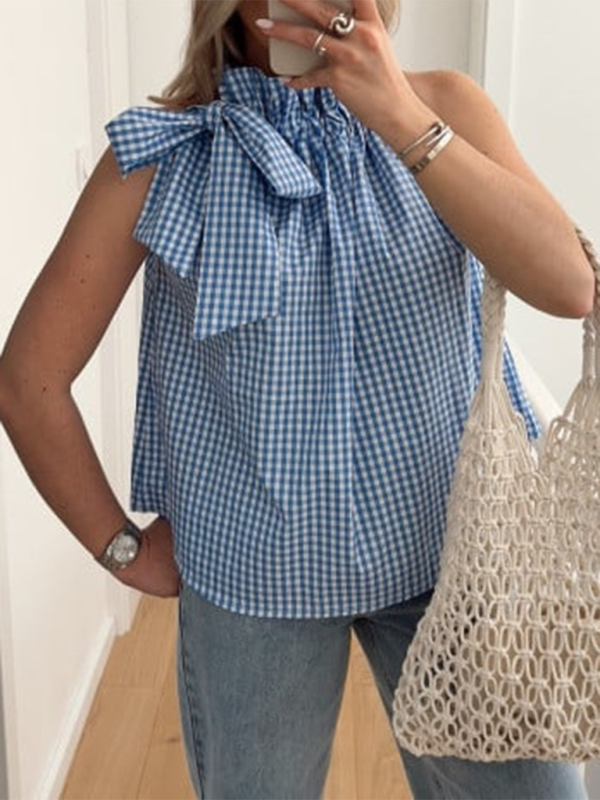 Summer Tops- Women's Blouse with Gingham Print and Bow Detail- Blue- Pekosa Women Fashion