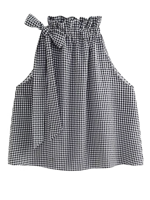 Summer Tops- Women's Blouse with Gingham Print and Bow Detail- - Pekosa Women Fashion