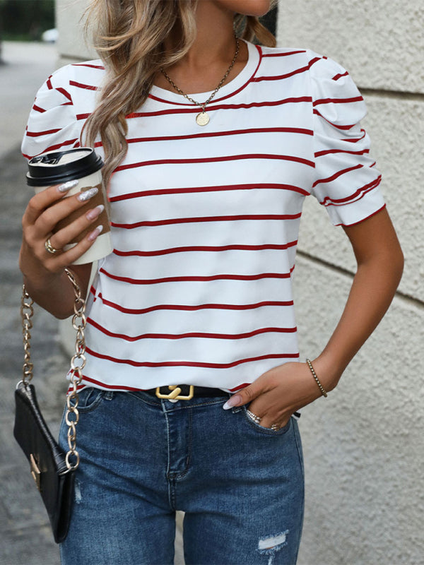 Summer Tops- Women's Striped Puff Sleeve Top for Gatherings- - Pekosa Women Fashion