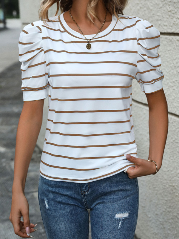 Summer Tops- Women's Striped Puff Sleeve Top for Gatherings- - Pekosa Women Fashion