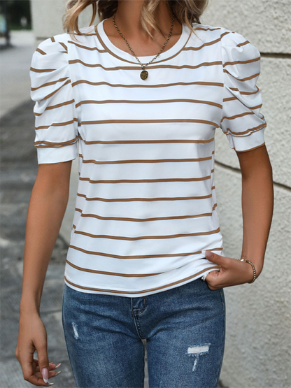 Summer Tops- Women's Striped Puff Sleeve Top for Gatherings- - Pekosa Women Fashion