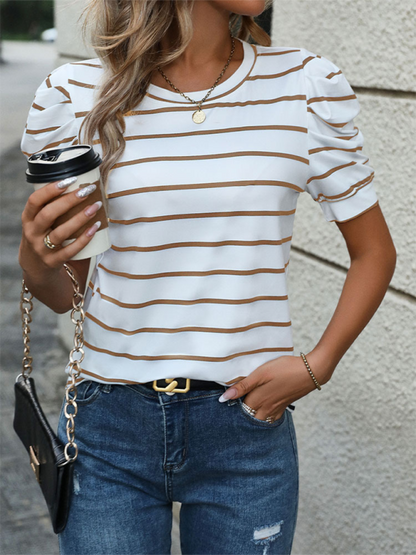 Summer Tops- Women's Striped Puff Sleeve Top for Gatherings- - Pekosa Women Fashion