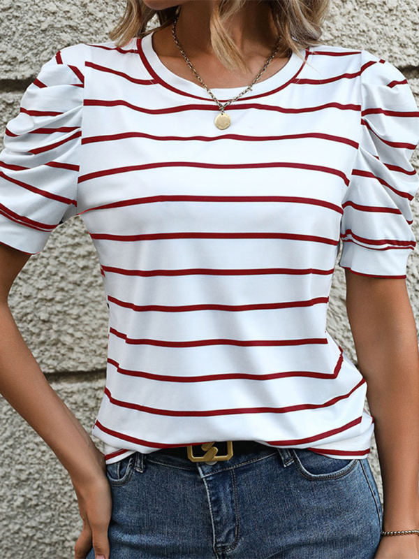 Summer Tops- Women's Striped Puff Sleeve Top for Gatherings- - Pekosa Women Fashion