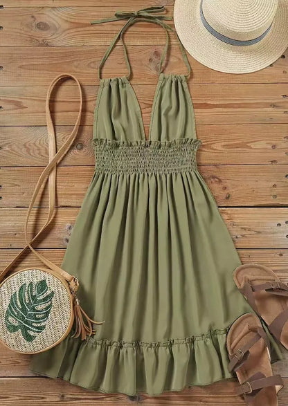 Sundresses- Summer Romance Halter Sundress with Smocked Waistband- - Pekosa Women Fashion