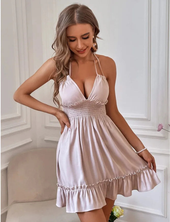 Sundresses- Summer Romance Halter Sundress with Smocked Waistband- - Pekosa Women Fashion