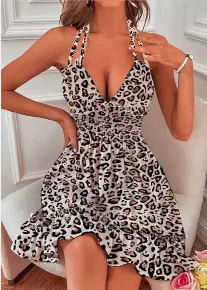 Sundresses- Summer Romance Halter Sundress with Smocked Waistband- Leopard Print- Pekosa Women Fashion