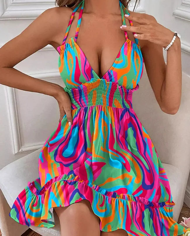 Sundresses- Summer Romance Halter Sundress with Smocked Waistband- Pink Green Print- Pekosa Women Fashion