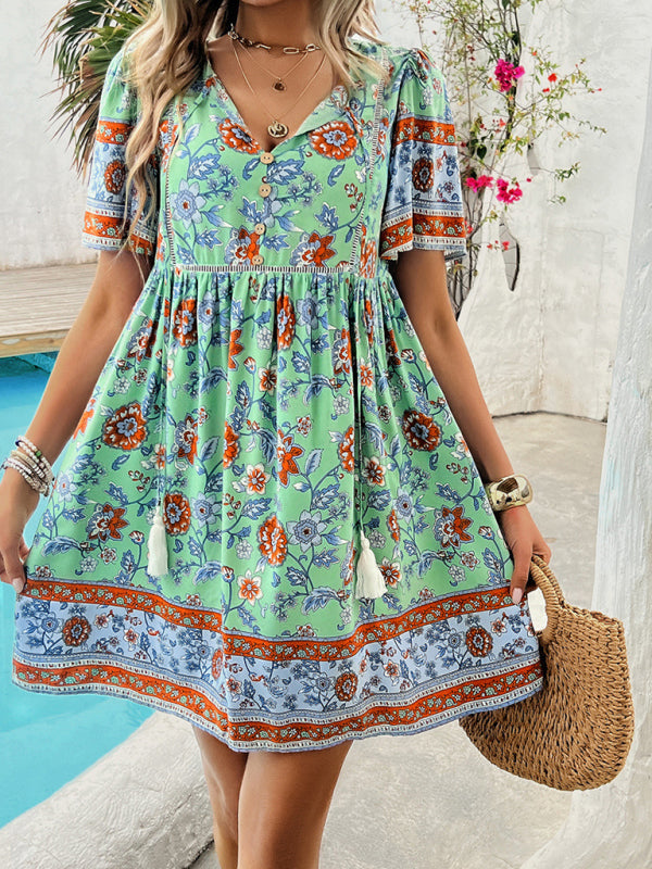 Sundresses- Sundress Women's Floral Boho Dress with Empire Waist- Green- Pekosa Women Fashion