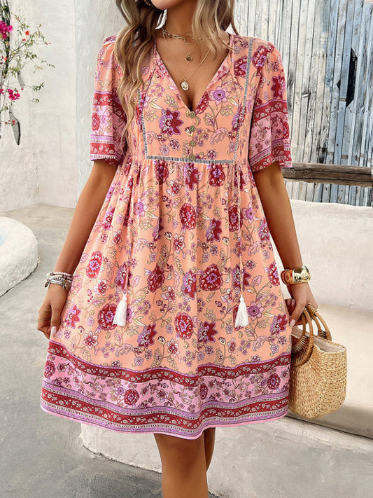 Sundresses- Sundress Women's Floral Boho Dress with Empire Waist- Pink- Pekosa Women Fashion