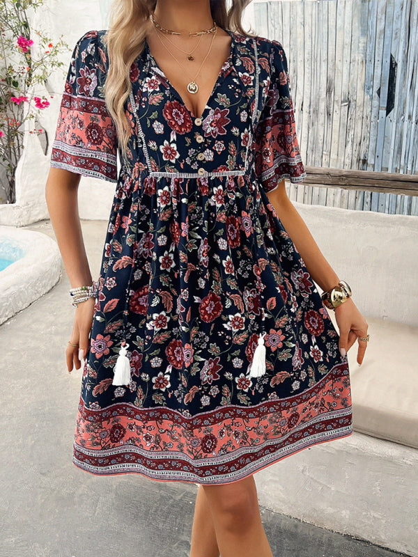 Sundresses- Sundress Women's Floral Boho Dress with Empire Waist- Champlain color- Pekosa Women Fashion