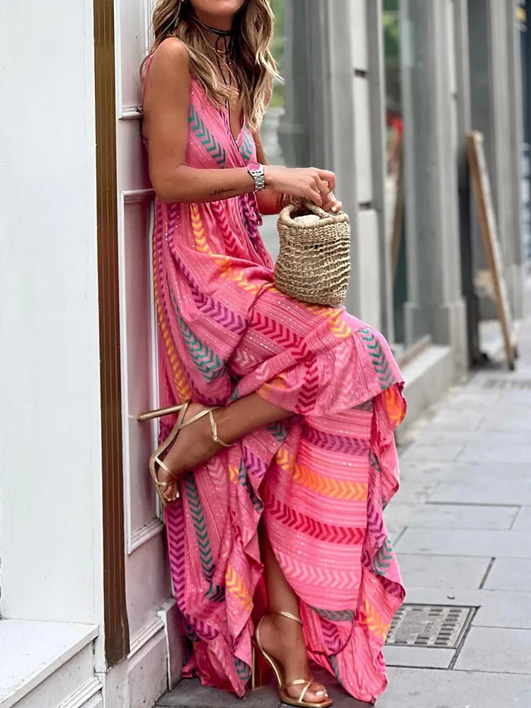 Sundresses- Women Boho Chevron Maxi Dress- - Chuzko Women Clothing