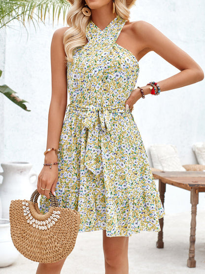 Sundresses- Women's Belted Floral Knot-Back Halter Sundress- Yellow- Pekosa Women Fashion