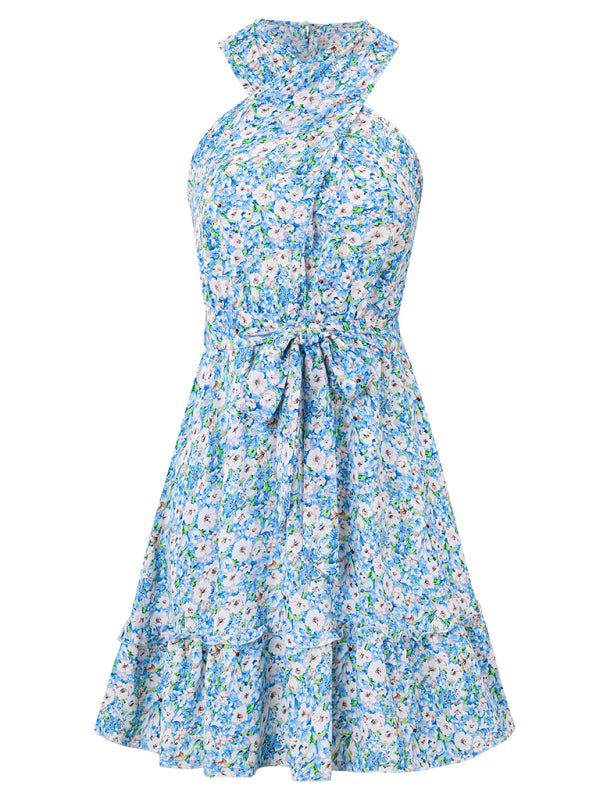 Sundresses- Women's Belted Floral Knot-Back Halter Sundress- - Pekosa Women Fashion