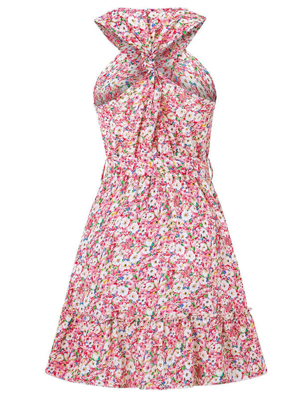 Sundresses- Women's Belted Floral Knot-Back Halter Sundress- - Pekosa Women Fashion