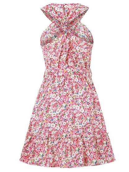 Sundresses- Women's Belted Floral Knot-Back Halter Sundress- - Pekosa Women Fashion