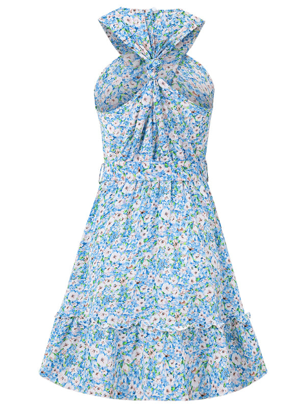 Sundresses- Women's Belted Floral Knot-Back Halter Sundress- - Pekosa Women Fashion