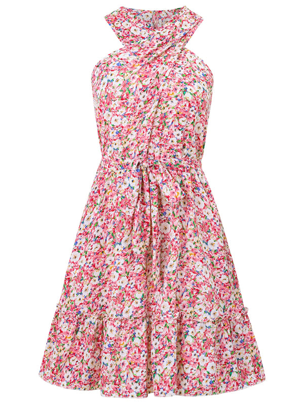 Sundresses- Women's Belted Floral Knot-Back Halter Sundress- - Pekosa Women Fashion