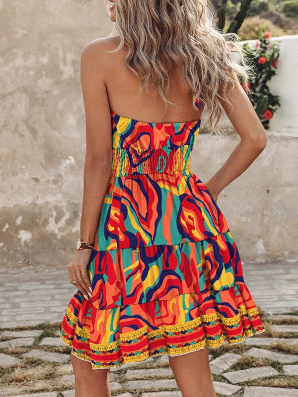 Sundresses- Women's Vibrant Colorful Blouson Halter Sundress- - Pekosa Women Fashion