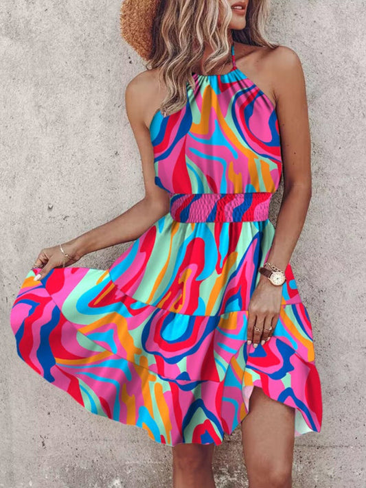 Sundresses- Women's Vibrant Colorful Blouson Halter Sundress- Hot pink- Pekosa Women Fashion