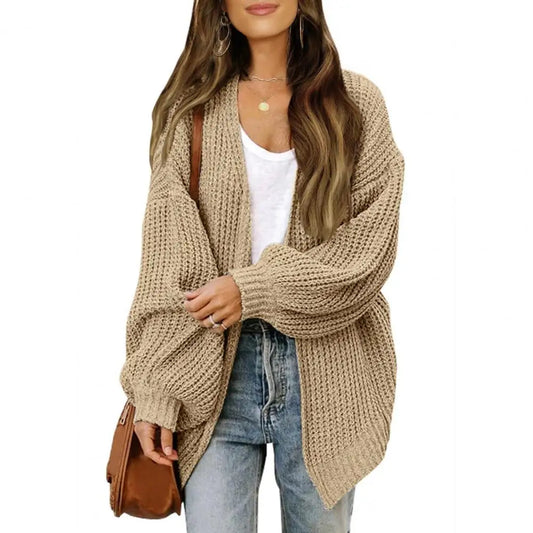 Sweater Cardigans- Chunky Knit Open Front Sweater Cozy Cardigan- Light Khaki- Pekosa Women Fashion