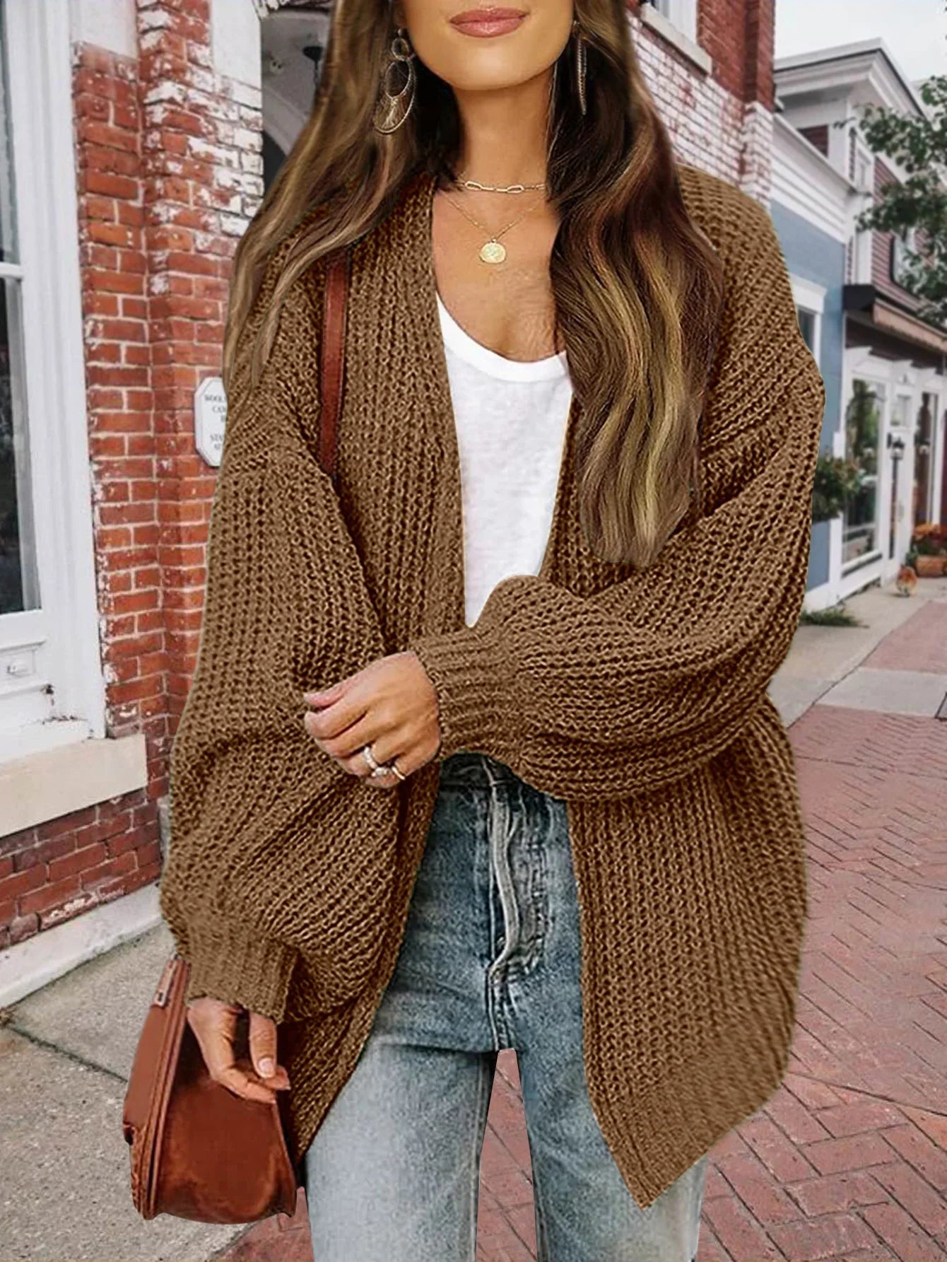 Sweater Cardigans- Cozy Slouchy Knit Open Front Cardigan for Women- Brown- Pekosa Women Fashion