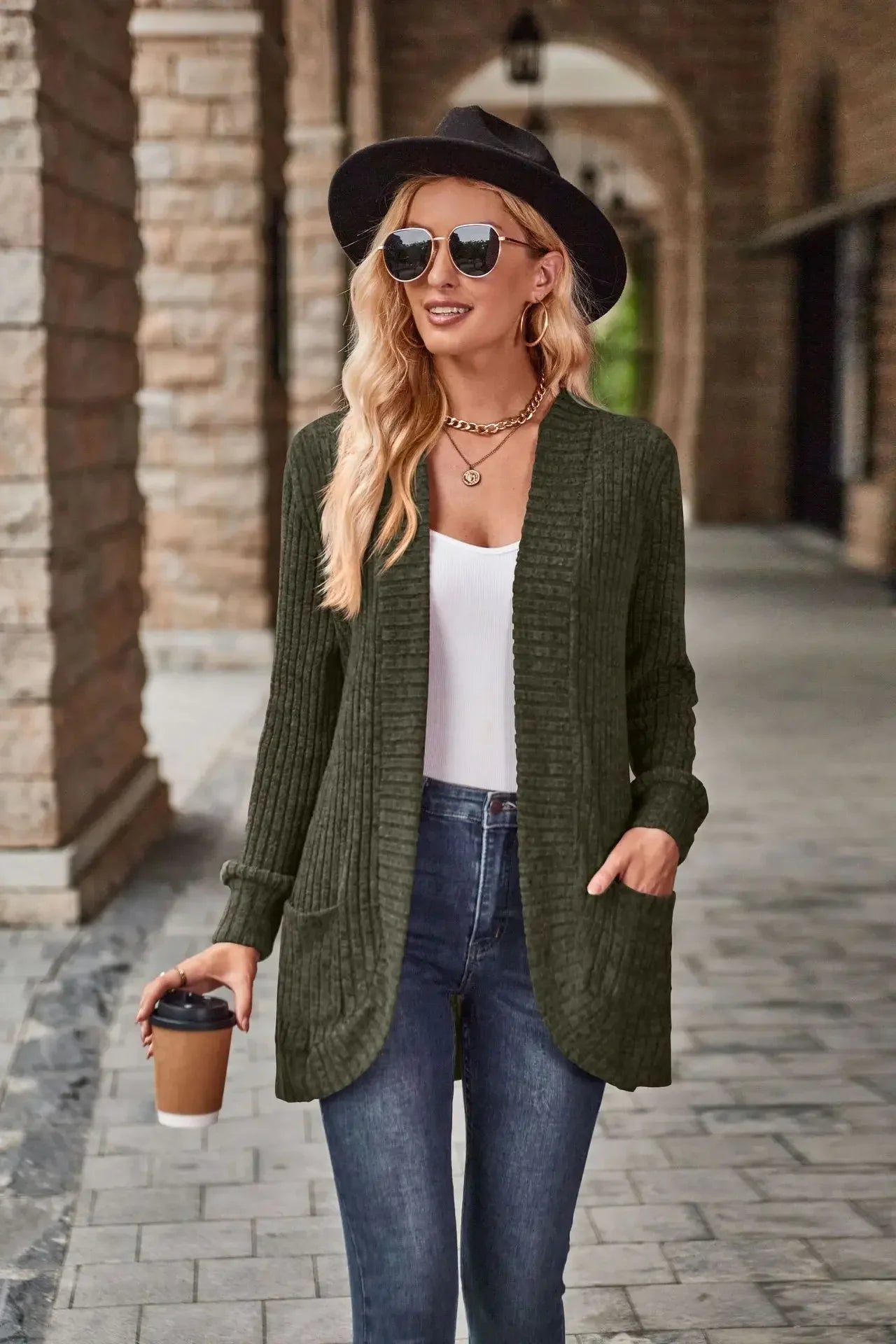 Sweater Cardigans- Cozy Textured Ribbed Shawl Collar Cardigan for Women- Army green- Pekosa Women Fashion