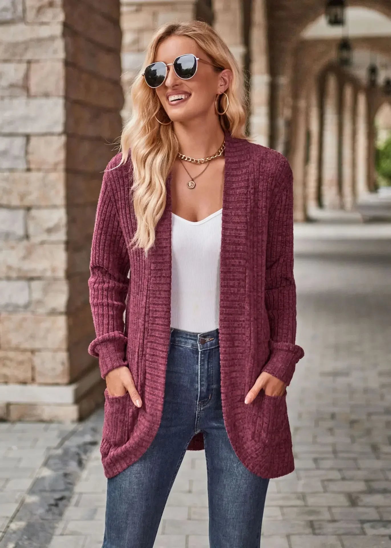 Sweater Cardigans- Cozy Textured Ribbed Shawl Collar Cardigan for Women- - Pekosa Women Fashion