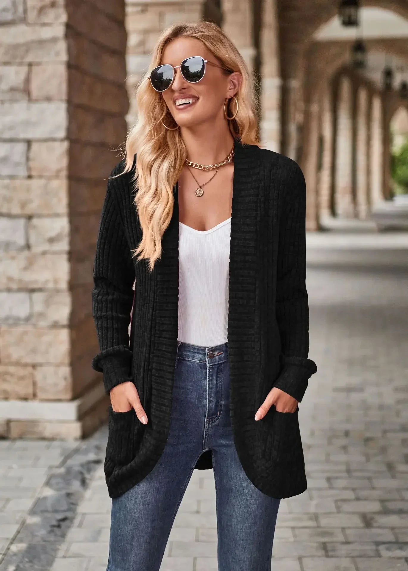 Sweater Cardigans- Cozy Textured Ribbed Shawl Collar Cardigan for Women- - Pekosa Women Fashion