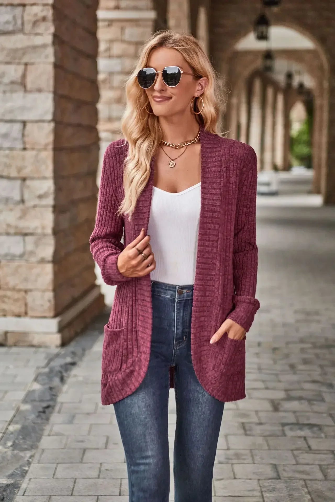 Sweater Cardigans- Cozy Textured Ribbed Shawl Collar Cardigan for Women- - Pekosa Women Fashion