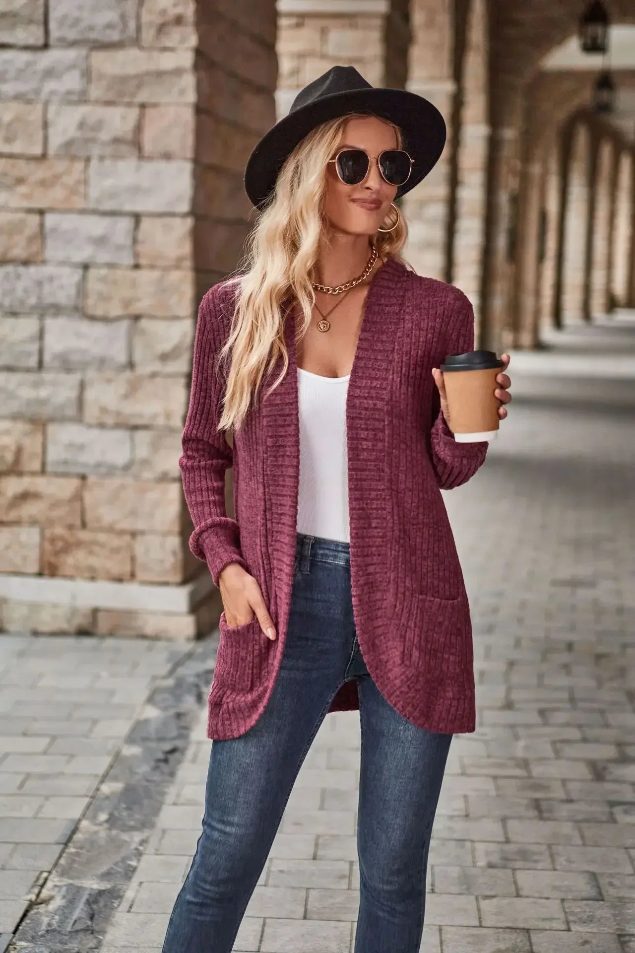 Sweater Cardigans- Cozy Textured Ribbed Shawl Collar Cardigan for Women- - Pekosa Women Fashion