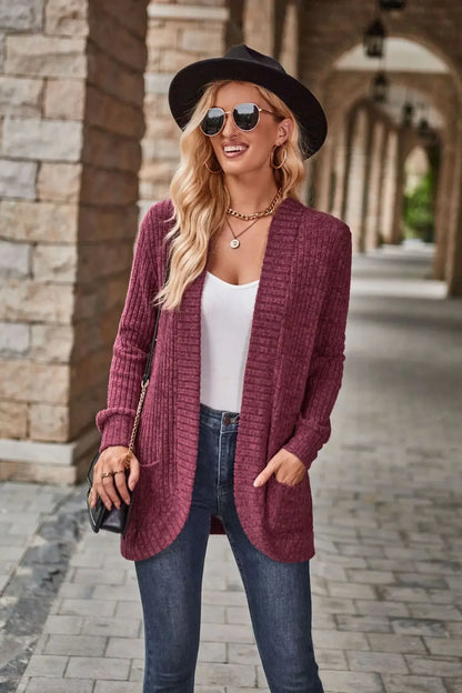 Sweater Cardigans- Cozy Textured Ribbed Shawl Collar Cardigan for Women- - Pekosa Women Fashion