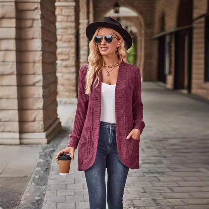 Sweater Cardigans- Cozy Textured Ribbed Shawl Collar Cardigan for Women- Burgundy- Pekosa Women Fashion