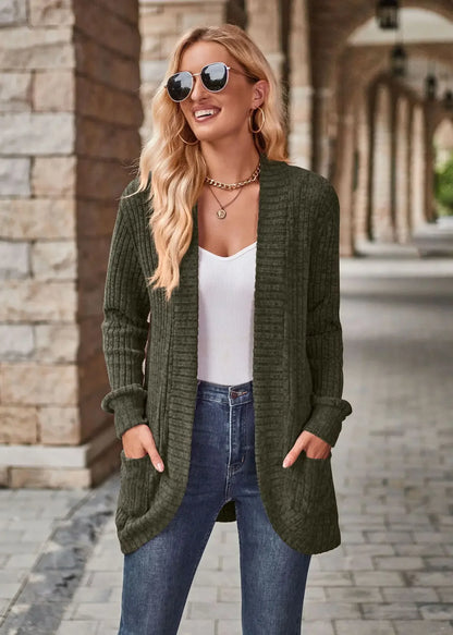 Sweater Cardigans- Cozy Textured Ribbed Shawl Collar Cardigan for Women- - Pekosa Women Fashion