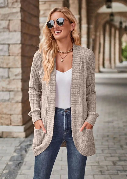 Sweater Cardigans- Cozy Textured Ribbed Shawl Collar Cardigan for Women- - Pekosa Women Fashion