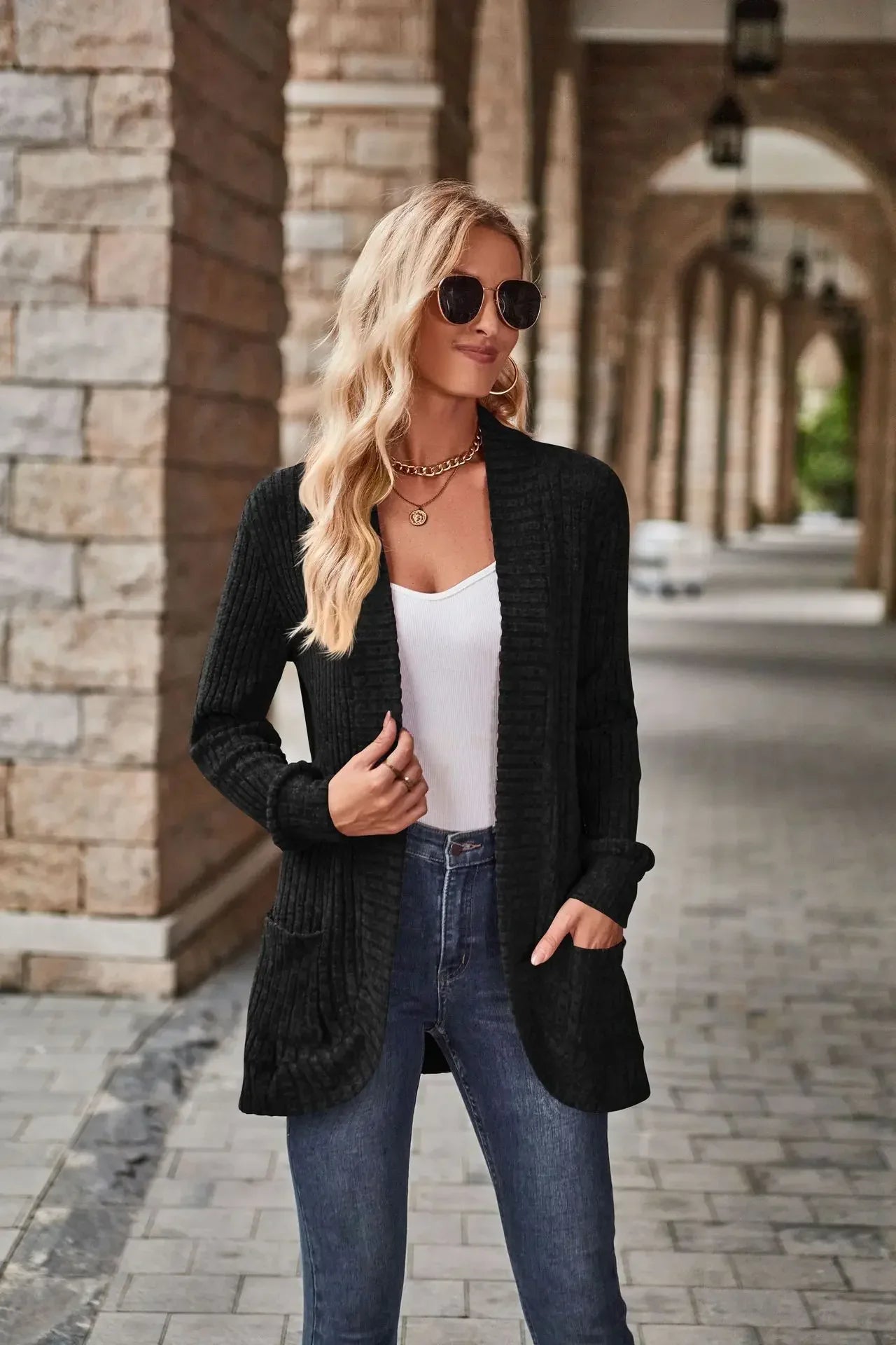 Sweater Cardigans- Cozy Textured Ribbed Shawl Collar Cardigan for Women- - Pekosa Women Fashion