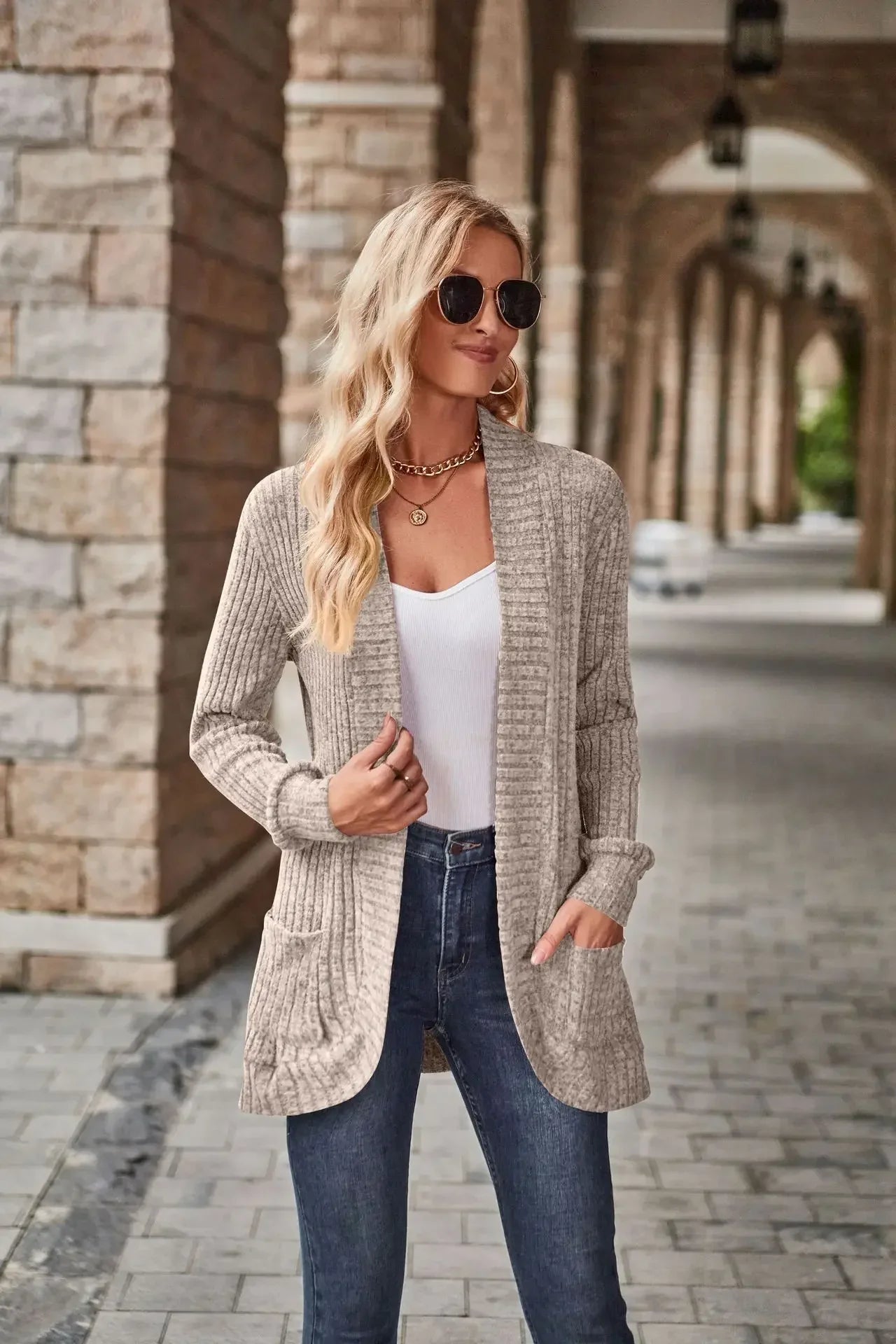 Sweater Cardigans- Cozy Textured Ribbed Shawl Collar Cardigan for Women- - Pekosa Women Fashion