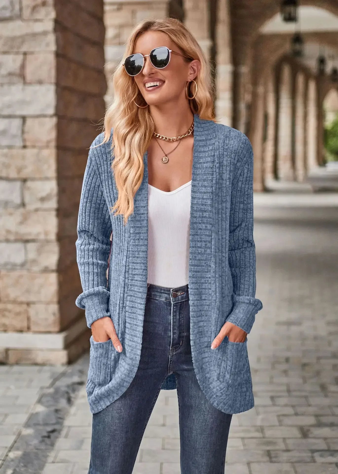 Sweater Cardigans- Cozy Textured Ribbed Shawl Collar Cardigan for Women- - Pekosa Women Fashion