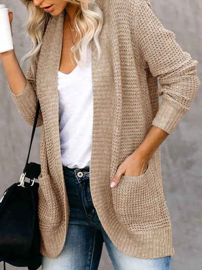 Sweater Cardigans- Cozy Waffle Knit Shawl Collar Cardigan for Women- Khaki- Pekosa Women Fashion