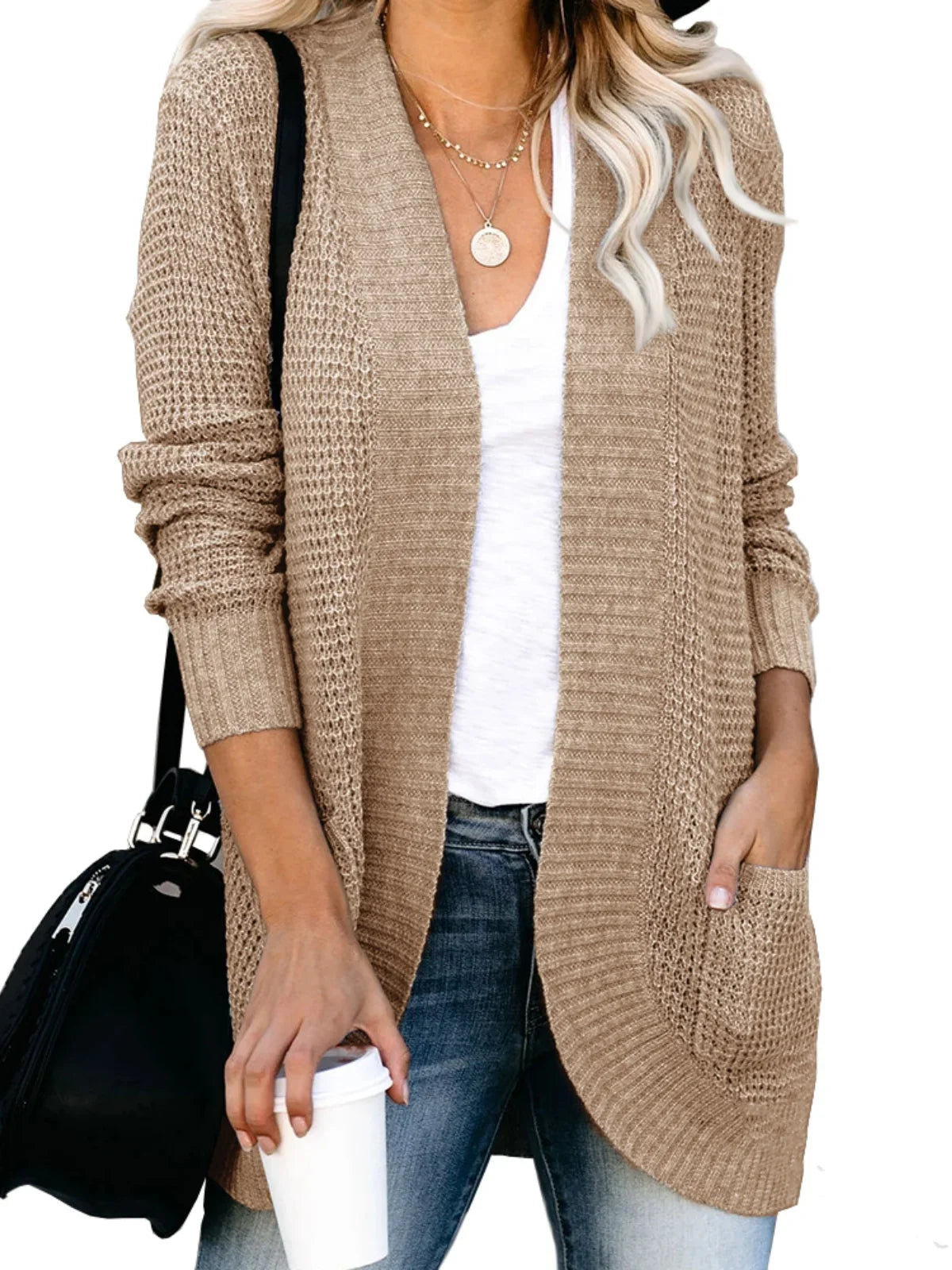 Sweater Cardigans- Cozy Waffle Knit Shawl Collar Cardigan for Women- - Pekosa Women Fashion