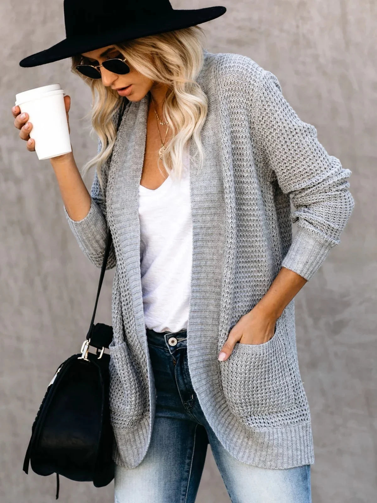 Sweater Cardigans- Cozy Waffle Knit Shawl Collar Cardigan for Women- Gray- Pekosa Women Fashion