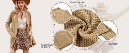 Sweater Cardigans- Cozy Waffle Knit Shawl Collar Cardigan for Women- - Pekosa Women Fashion