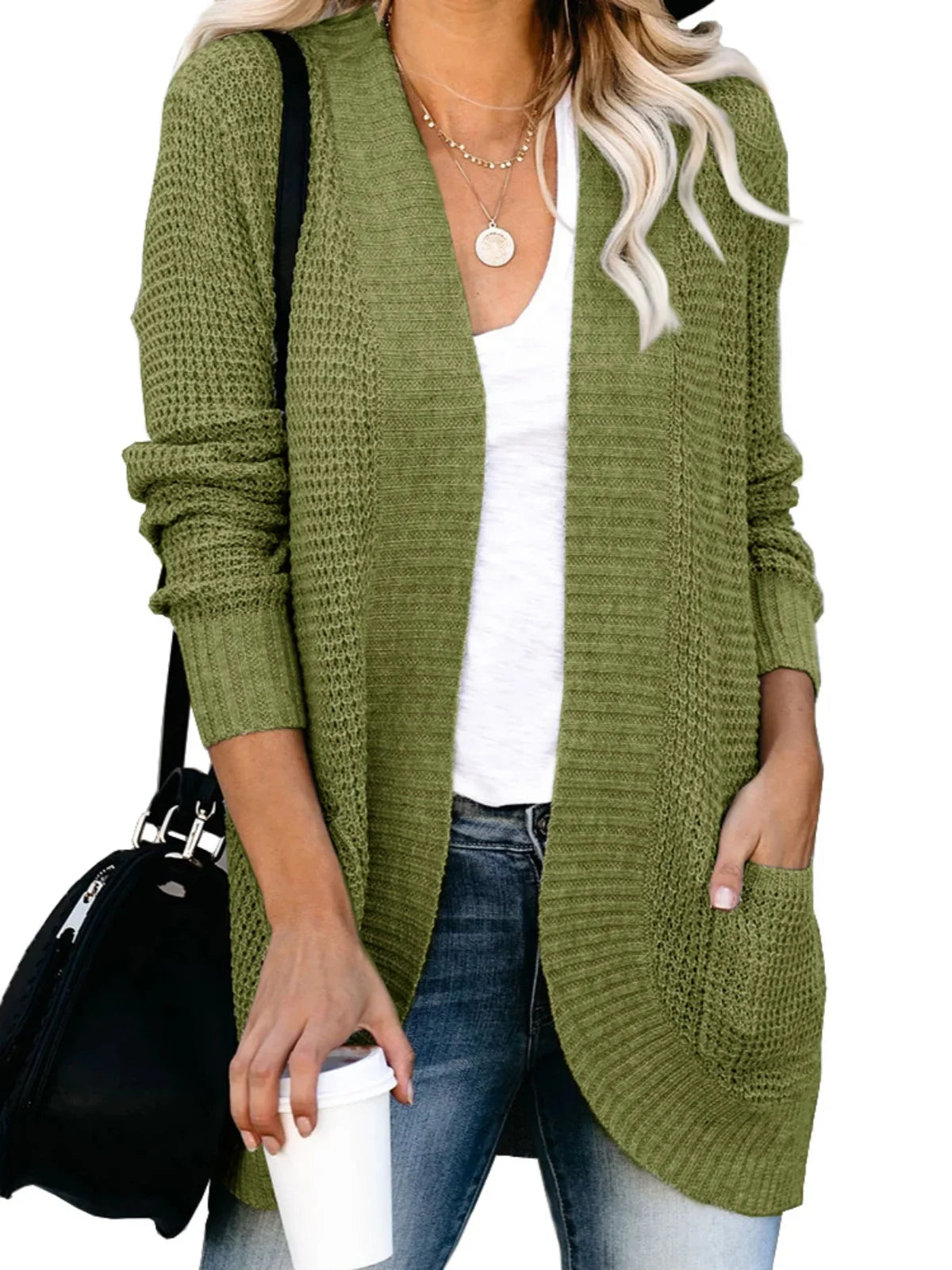 Sweater Cardigans- Cozy Waffle Knit Shawl Collar Cardigan for Women- - Pekosa Women Fashion