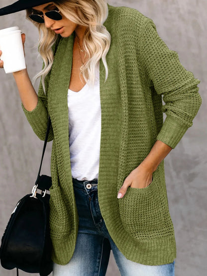 Sweater Cardigans- Cozy Waffle Knit Shawl Collar Cardigan for Women- Green- Pekosa Women Fashion