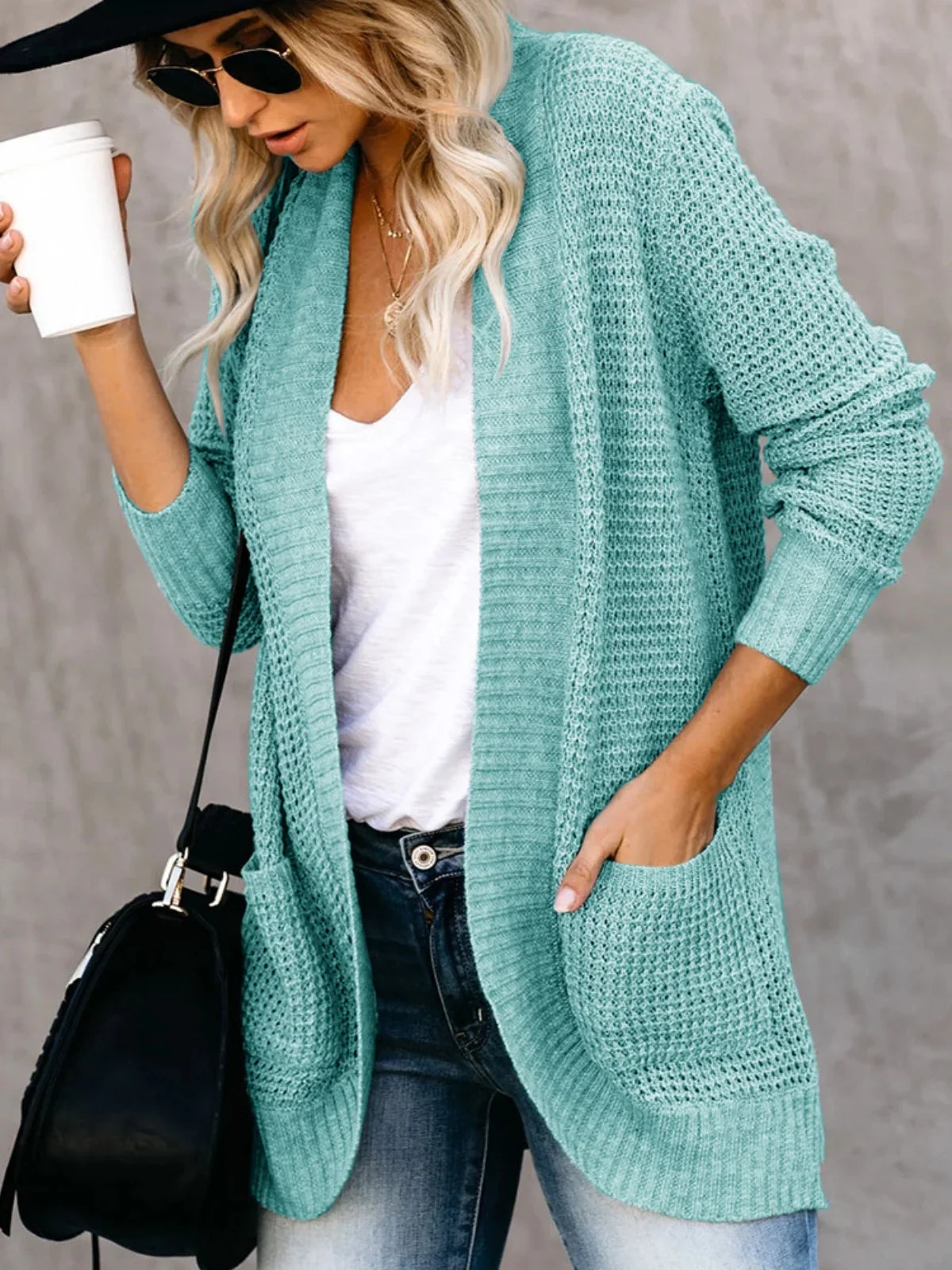 Sweater Cardigans- Cozy Waffle Knit Shawl Collar Cardigan for Women- Mint- Pekosa Women Fashion