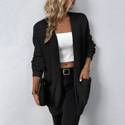 Sweater Cardigans- Layer Up Luxe Knit Cardigan for Casual and Office Wear- Black- Chuzko Women Clothing