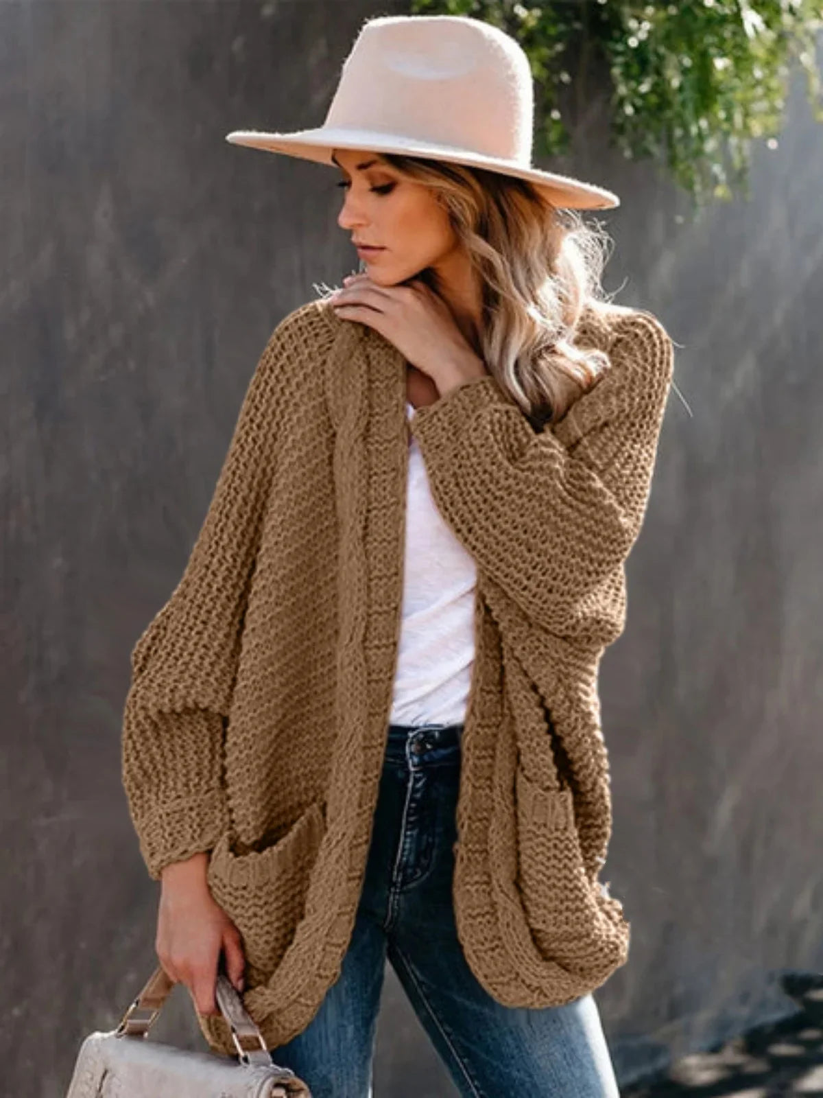 Sweater Cardigans- Women's Slouchy Cable Knitting Cardigan Sweater- Khaki- Pekosa Women Fashion