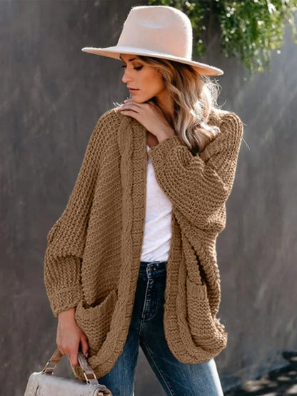 Sweater Cardigans- Women's Slouchy Cable Knitting Cardigan Sweater- Khaki- Pekosa Women Fashion